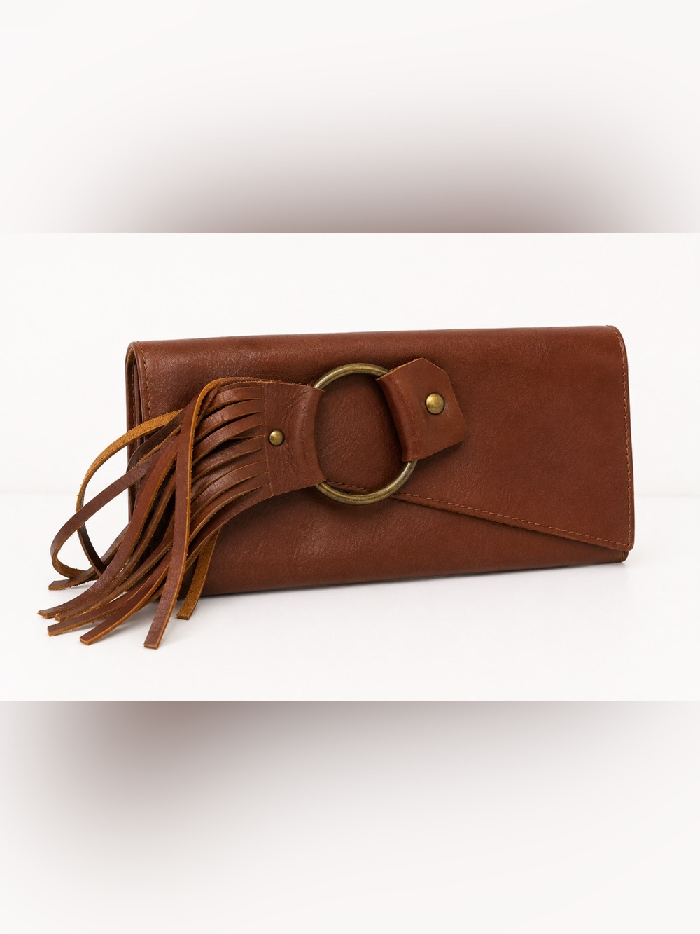 Lisa Leonard Brown Genuine Leather Tassel Clutch Wallet Organizer Boho